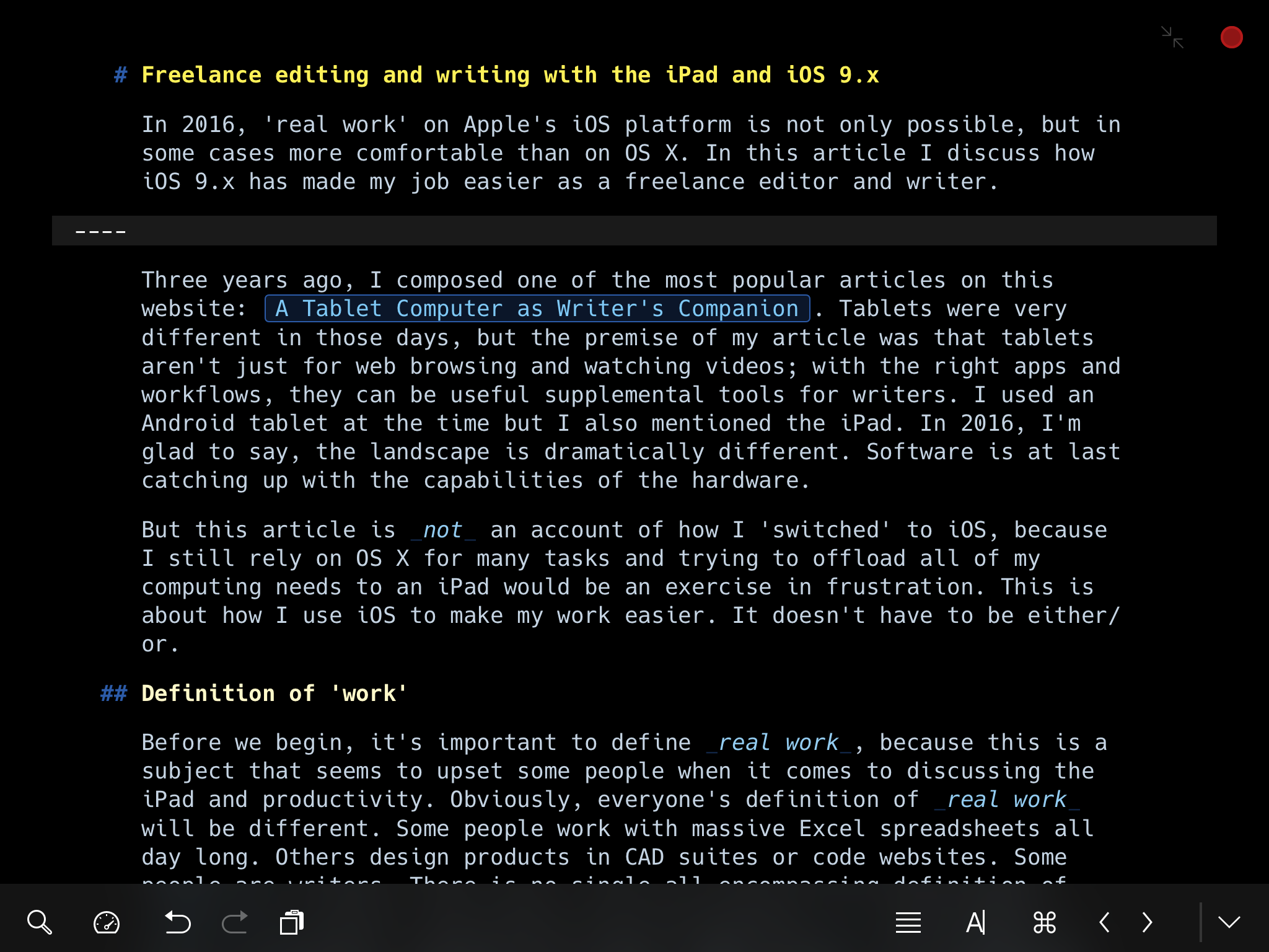 Composing a sheet in Ulysses. The colour scheme can be customised by the user; I often prefer to write in dark mode. Note the extremely clear Markdown notation.