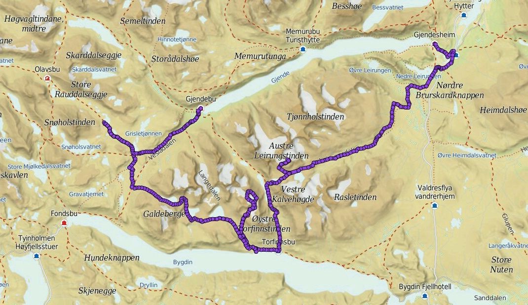 The route I took through Jotunheimen in July 2010, including out-and-back excursions. You can download a GPX file of the route here.