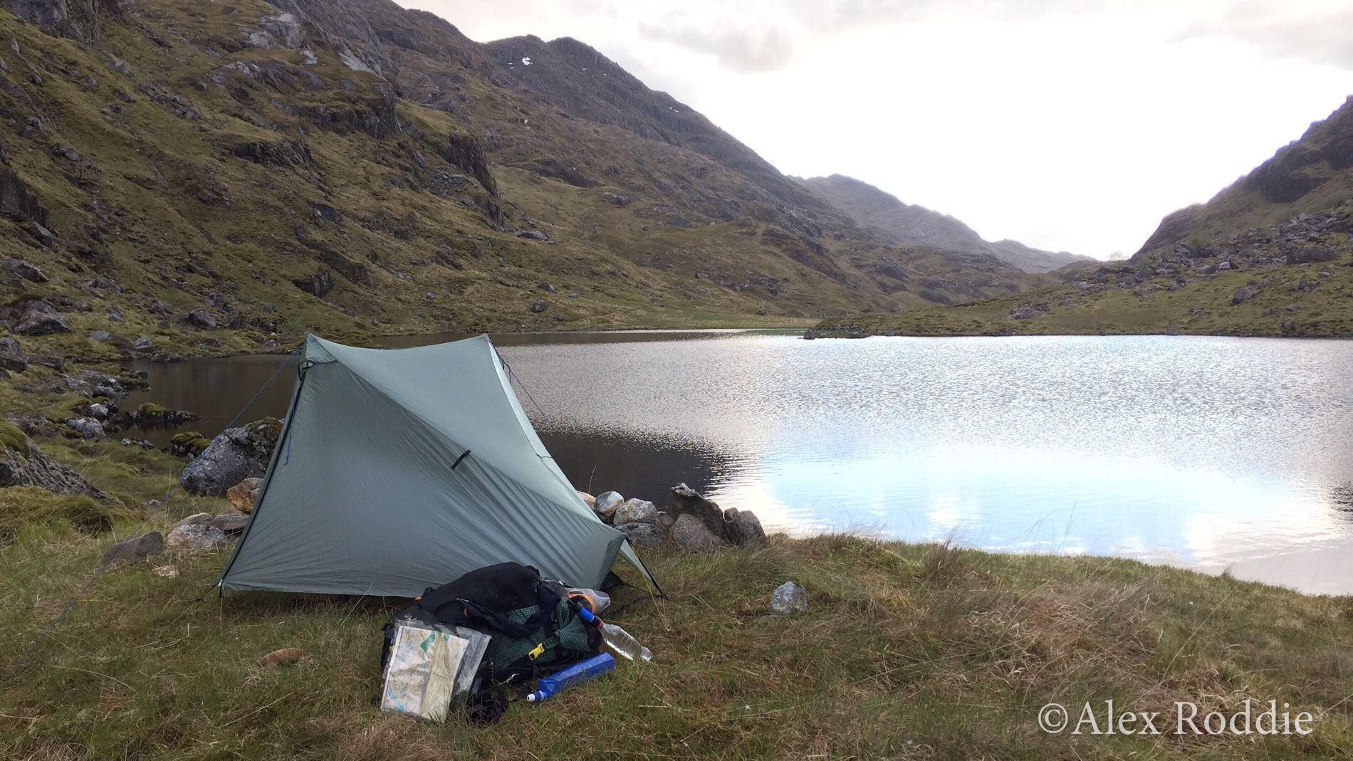 Alex's first wild camp at Lochan a'Mhaim, a few hours before the storm rolled in