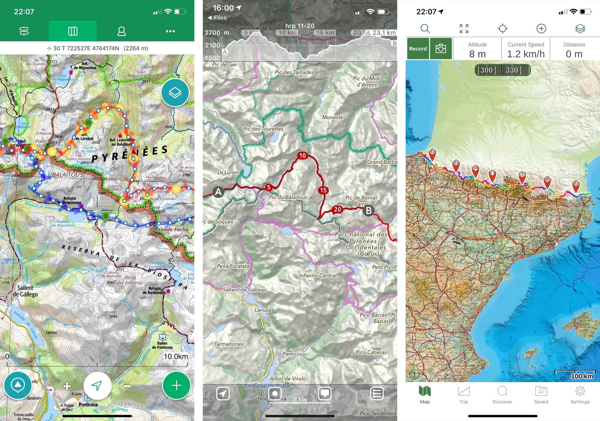 Left: ViewRanger. Centre: MapOut. Right: Gaia GPS.